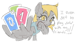 Size: 656x360 | Tagged: safe, artist:azaani, derpibooru import, derpy hooves, pegasus, pony, g4, dialogue, female, mare, playing card, simple background, solo, talking to viewer, underhoof, uno, white background, wing hands, wing hold, wings