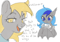 Size: 631x441 | Tagged: safe, artist:azaani, derpibooru import, derpy hooves, oc, oc:betty, bat pony, pegasus, pony, g4, bat pony oc, dialogue, duo, duo female, female, lidded eyes, mare, open mouth, open smile, playing card, simple background, smiling, talking to viewer, white background, wing hold, wings