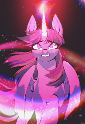 Size: 1986x2880 | Tagged: safe, artist:fosha, derpibooru import, twilight sparkle, twilight sparkle (alicorn), alicorn, pony, g4, crying, glowing, glowing horn, gradient background, high res, horn, lightning, magic, multicolored hair, multicolored tail, purple eyes, purple mane, solo, sparkles, tail, wind, wings