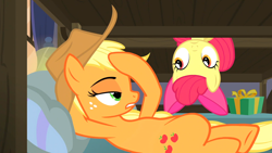 Size: 4096x2304 | Tagged: safe, derpibooru import, screencap, apple bloom, applejack, earth pony, pony, g4, hearthbreakers, season 5, bow, bunk bed, chest, closed mouth, defined chest, duo, duo female, female, filly, foal, hair bow, hat, hoof on head, lidded eyes, looking at each other, looking at someone, lying down, mare, pillow, present, resting, upside down, wood