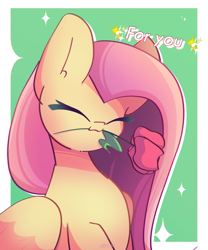 Size: 2000x2400 | Tagged: safe, artist:miryelis, derpibooru import, fluttershy, pegasus, pony, big ears, cute, ears, eyes closed, flower, flower in mouth, long hair, mouth hold, rose, rose in mouth, shyabetes, simple background, smiling, solo, text