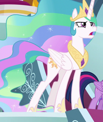 Size: 610x720 | Tagged: safe, derpibooru import, screencap, princess celestia, twilight sparkle, twilight sparkle (alicorn), alicorn, pony, g4, the ending of the end, canterlot castle interior, celestia's crown, cropped, duo, duo female, female, folded wings, hoof shoes, peytral, wings