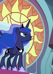 Size: 515x720 | Tagged: safe, derpibooru import, screencap, princess luna, g4, the ending of the end, canterlot castle interior, cropped, female, mare, solo, stained glass