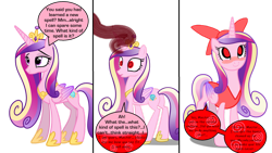 Size: 1280x720 | Tagged: safe, artist:kingdom-of-rp, derpibooru import, princess cadance, alicorn, pony, g4, alternate eye color, blushing, bow, clothes, comic, crown, cute, cutedance, female, folded wings, hair bow, happy trance, hypnosis, hypnotized, jewelry, magic, mare, offscreen character, personality change, regalia, simple background, story included, transparent background, uniform, wings