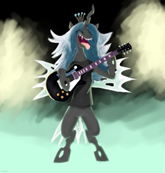 Size: 1601x1682 | Tagged: safe, alternate version, artist:themightycoolblender, derpibooru import, queen chrysalis, changeling, changeling queen, g4, bipedal, clothes, drawthread, female, guitar, musical instrument, requested art, shirt, solo, t-shirt