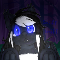 Size: 1000x1000 | Tagged: safe, artist:deadsmoke, derpibooru import, oc, oc:arrie, bat pony, breaking the fourth wall, cute, fangs, foal, forest, glowing, glowing eyes, nature, tree