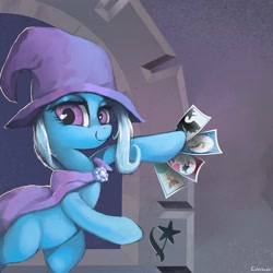 Size: 2300x2301 | Tagged: safe, artist:colochenni, derpibooru import, trixie, pony, unicorn, g4, album cover, blue öyster cult, brooch, cape, clothes, hat, horn, jewelry, ponified, sky, solo, species swap, tarot card