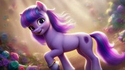 Size: 4096x2304 | Tagged: safe, ai content, derpibooru import, editor:felisamafeles, generator:pony diffusion v6 xl, generator:stable diffusion, machine learning generated, oc, earth pony, pony, beautiful, blurry background, bracelet, cute, female, flower, fluffy, jewelry, purple eyes, purple fur, purple mane, purple tail, smiling, solo, tail, unnamed oc