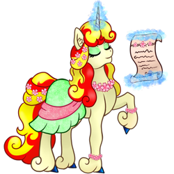 Size: 450x450 | Tagged: safe, artist:mesuyoru, derpibooru import, oc, oc only, oc:miss libussa, pony, unicorn, g4, 2024, ambassador, blue hooves, bracelet, clothes, czequestria, czequestria 202x, dress, ear fluff, ears, eyes closed, eyeshadow, female, female oc, floral necklace, flower, flower bracelet, flower in hair, flower in tail, glowing, glowing horn, green eyeshadow, horn, jewelry, levitation, magic, makeup, mare, raised hoof, raised leg, scroll, simple background, solo, spring, tail, telekinesis, transparent background, unicorn oc