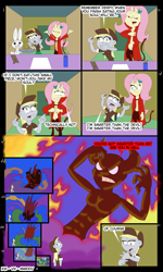 Size: 4134x6890 | Tagged: safe, artist:elovital, derpibooru import, angel bunny, derpy hooves, fluttershy, human, rabbit, equestria girls, g4, animal, devil, devil horns, fire, food, horns, muffin