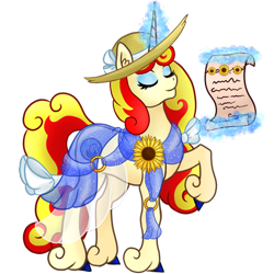 Size: 450x450 | Tagged: safe, artist:mesuyoru, derpibooru import, oc, oc only, oc:miss libussa, pony, unicorn, g4, 2024, ambassador, blue eyeshadow, blue hooves, bow, bracelet, clothes, czequestria, czequestria 202x, dress, ear fluff, ears, eyes closed, eyeshadow, female, female oc, flower, glowing, glowing horn, hat, horn, jewelry, levitation, magic, makeup, mare, raised hoof, raised leg, scroll, see-through, see-through skirt, simple background, skirt, solo, summer, tail, tail bow, telekinesis, transparent background, unicorn oc