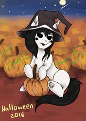 Size: 2507x3541 | Tagged: safe, artist:haodz, derpibooru import, earth pony, pony, hat, moon, pumpkin, shooting star, solo, stars, witch hat