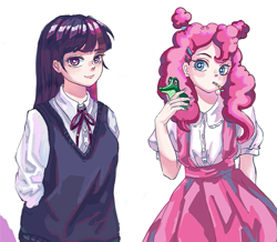 Size: 629x548 | Tagged: safe, artist:qianjibahe, derpibooru import, gummy, pinkie pie, twilight sparkle, alligator, human, clothes, dress, hand in pocket, humanized, school uniform, simple background, white background