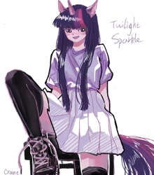 Size: 950x1080 | Tagged: safe, artist:qianjibahe, derpibooru import, twilight sparkle, human, blushing, chair, clothes, eared humanization, horn, horned humanization, humanized, long socks, open mouth, shirt, shoes, simple background, sitting, skirt, smiling, solo, t-shirt, tail, tailed humanization, text, white background