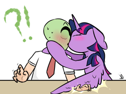 Size: 1024x768 | Tagged: safe, artist:neonnaisedraws, derpibooru exclusive, derpibooru import, twilight sparkle, twilight sparkle (alicorn), oc, oc:anon, alicorn, human, pony, g4, cute, female, kissing, male, pony on human kissing, romance, straight, surprise kiss, wholesome