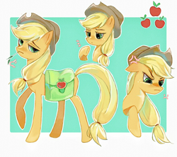 Size: 1024x910 | Tagged: safe, artist:xinjinjumin193918007138, derpibooru import, applejack, earth pony, pony, :c, bag, bust, cross-popping veins, emanata, female, frown, green background, mare, passepartout, portrait, raised hoof, raised leg, saddle bag, simple background, solo, straw in mouth