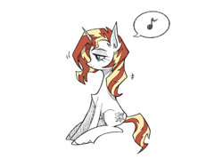 Size: 2224x1668 | Tagged: safe, artist:miss-aciturn, derpibooru import, sunset shimmer, pony, unicorn, female, horn, mare, music notes, simple background, sitting, solo, speech bubble, white background