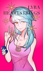 Size: 1508x2464 | Tagged: safe, artist:mido854723, derpibooru import, bon bon, lyra heartstrings, sweetie drops, human, clothes, dress, gradient background, humanized, jewelry, looking at you, necklace, peace sign, smiling, smiling at you, solo