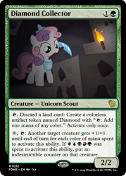 Size: 375x523 | Tagged: safe, artist:jan, derpibooru import, edit, sweetie belle, unicorn, ccg, don't mine at night, horn, jewelry, magic the gathering, minecraft, pickaxe, tiara, torch, trading card, trading card edit, trading card game