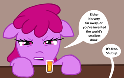 Size: 3912x2452 | Tagged: safe, artist:vomitvomiting, derpibooru import, berry punch, berryshine, earth pony, pony, g4, colored, dialogue, drink, drinking glass, female, free drinks, glass, mare, one-panel comic, shut up, small, solo