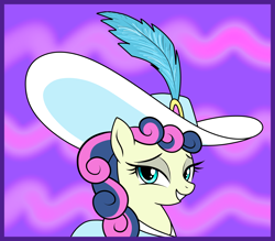 Size: 2000x1753 | Tagged: safe, artist:vomitvomiting, derpibooru import, bon bon, sweetie drops, pony, a canterlot wedding, g4, abstract background, feather, feathered hat, female, frame, grin, hat, mare, smiling, solo