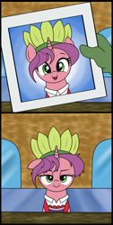 Size: 1008x2000 | Tagged: safe, artist:vomitvomiting, derpibooru import, carrot bun, oc, oc:anon, human, pony, unicorn, 2 panel comic, comic, female, hand, horn, human oc, implied anon, lidded eyes, mare, offscreen character, offscreen human, open mouth, open smile, party pooper pants, photo, pov, reference, smiling, spongebob reference, spongebob squarepants