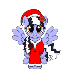 Size: 2600x2800 | Tagged: safe, artist:vomitvomiting, derpibooru import, oc, oc only, pegasus, pony, g4, blushing, christmas, clothes, costume, female, female oc, flower, flower in hair, grin, hat, holiday, looking at you, mare, pegasus oc, santa costume, santa hat, simple background, sitting, smiling, smiling at you, solo, spread wings, two toned mane, white background, wings