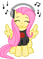 Size: 2892x4000 | Tagged: safe, artist:vomitvomiting, derpibooru import, fluttershy, pegasus, pony, g4, colored, colored lineart, cute, eyebrows, eyes closed, female, flat colors, grin, headphones, listening to music, mare, music notes, simple background, sitting, smiling, solo, spread wings, transparent background, wings