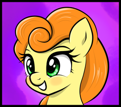 Size: 2857x2534 | Tagged: safe, artist:vomitvomiting, derpibooru import, carrot top, golden harvest, earth pony, pony, g4, abstract background, bust, female, frame, grin, head only, mare, raised eyebrows, smiling, solo