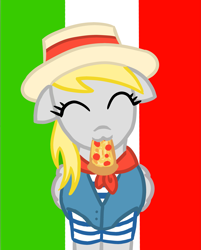 Size: 2695x3352 | Tagged: safe, artist:vomitvomiting, derpibooru import, derpy hooves, pegasus, pony, g4, :3, boater, clothes, colored lineart, ears, eyelashes, eyes closed, facing you, female, flag background, floppy ears, food, head tilt, italy, mouth hold, neckerchief, pizza, smiling, solo, striped sleeves, three toned background, vest