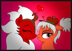 Size: 2916x2062 | Tagged: safe, artist:vomitvomiting, derpibooru import, oc, oc only, kirin, pony, apple hat, duo, eyes closed, eyes open, female, frame, gradient background, hat, heart, kirin oc, pony oc, touching noses, wavy mouth