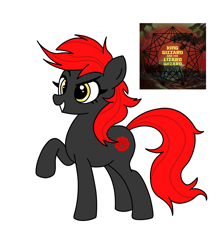 Size: 1437x1644 | Tagged: safe, artist:vomitvomiting, derpibooru import, oc, oc only, earth pony, pony, g4, album cover, earth pony oc, female, female oc, golden eyes, gray coat, grin, mare, ponified, ponified album cover, raised hoof, raised leg, red mane, red tail, simple background, smiling, solo, species swap, tail, white background