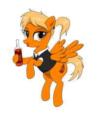 Size: 3000x4000 | Tagged: safe, artist:vomitvomiting, derpibooru import, oc, oc only, pegasus, pony, bipedal, bottle, clothes, female, female oc, holding a bottle, hoof hold, looking at you, mare, open mouth, orange coat, pegasus oc, simple background, smiling, smiling at you, solo, white background