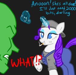 Size: 2406x2357 | Tagged: safe, artist:vomitvomiting, derpibooru import, rarity, oc, oc:anon, human, pony, unicorn, g4, baseball cap, blue eyeshadow, cap, cigarette, clothes, comic, dialogue, dirty, dirty clothes, duo, duo male and female, eyeshadow, female, glowing, glowing horn, hat, horn, human oc, key, levitation, magic, makeup, male, mare, one-panel comic, out of character, overalls, raised hoof, raised leg, shocked, shocked expression, telekinesis