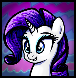 Size: 1371x1414 | Tagged: safe, artist:vomitvomiting, derpibooru import, rarity, pony, unicorn, g4, bust, colored, eyeshadow, female, frame, grin, head only, horn, makeup, mare, portrait, smiling, solo