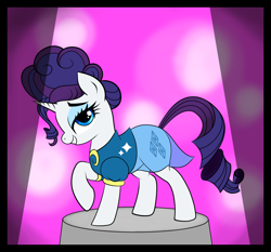 Size: 5294x4935 | Tagged: safe, artist:vomitvomiting, derpibooru import, rarity, pony, unicorn, g4, alternate hairstyle, clothes, female, horn, lidded eyes, mare, raised hoof, raised leg, see-through, see-through skirt, skirt, solo, spotlight