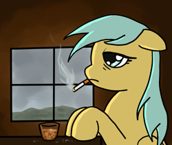 Size: 2349x1991 | Tagged: safe, artist:vomitvomiting, derpibooru import, sunshower raindrops, pegasus, pony, g4, cigarette, cigarette smoke, female, glass, lidded eyes, mare, smoke, smoking, solo, tired, window