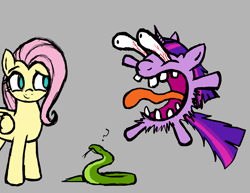 Size: 4000x3087 | Tagged: safe, artist:vomitvomiting, derpibooru import, fluttershy, twilight sparkle, pegasus, pony, snake, courage the cowardly dog, eyebrows, faic, female, gray background, mare, ophidiophobia, question mark, raised eyebrow, scared, screaming, simple background, terrified