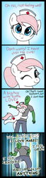 Size: 1833x7022 | Tagged: safe, artist:vomitvomiting, derpibooru import, nurse redheart, oc, oc:anon, earth pony, human, pony, 4 panel comic, abstract background, blushing, comic, duo, duo male and female, eyes closed, female, frame, hat, heart, hug, human oc, i love mares, male, mare, nurse hat, one eye closed, reference, wink