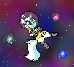 Size: 2565x2317 | Tagged: safe, artist:vomitvomiting, derpibooru import, lyra heartstrings, pony, unicorn, g4, female, floating, floating in space, grin, horn, mare, smiling, solo, space, spacesuit