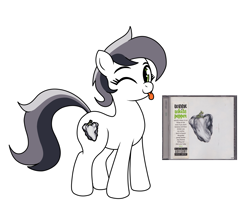 Size: 3518x2944 | Tagged: safe, artist:vomitvomiting, derpibooru import, oc, oc only, earth pony, pony, g4, album cover, earth pony oc, female, female oc, gray mane, gray tail, mare, ponified, ponified album cover, simple background, solo, species swap, three toned mane, three toned tail, tongue, tongue out, white background, white coat