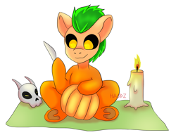 Size: 1639x1257 | Tagged: safe, artist:haodz, derpibooru import, oc, oc only, earth pony, pony, candle, commission, knife, pumpkin, skull, solo, underhoof, ych result