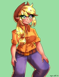 Size: 1062x1375 | Tagged: safe, artist:mylittleyuri, derpibooru import, applejack, equestria girls, g4, 2d, applejack's hat, bangs, belt, belt buckle, blushing, clothes, collar, cowboy hat, denim, elf ears, eyebrows, eyebrows visible through hair, female, hat, jeans, pants, short sleeves, solo