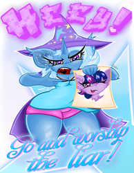 Size: 1919x2472 | Tagged: safe, artist:spirit-fireheart, derpibooru import, trixie, twilight sparkle, anthro, unicorn, cheek fluff, clothes, discontent, ear fluff, ears, female, hat, heart, horn, looking at you, mantle, rev theory, solo, solo female, text, title, wide hips