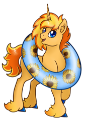 Size: 424x600 | Tagged: safe, artist:mesuyoru, derpibooru import, oc, oc only, pony, unicorn, 2024, blue eyes, blue hooves, czequestria, czequestria 202x, ear fluff, ears, horn, inner tube, looking at you, oc name needed, opaque inflatable, orange coat, pool toy, unicorn oc