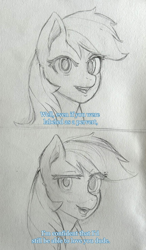 Size: 1046x1787 | Tagged: safe, artist:lillslim, derpibooru import, rainbow dash, pegasus, pony, g4, 2 panel comic, comic, dialogue, drawthread, female, flirting, pencil drawing, requested art, sketch, smiling, solo, subtitles, traditional art