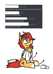 Size: 473x654 | Tagged: safe, artist:dinexistente, derpibooru import, sunburst, pony, unicorn, clothes, coat markings, facial hair, horn, male, open mouth, simple background, sitting, socks (coat marking), solo, stallion, text, white background