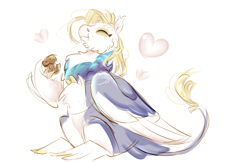 Size: 5100x3300 | Tagged: source needed, useless source url, safe, artist:shirecorn, derpibooru import, derpy hooves, griffon, g4, cheek fluff, chest fluff, commission, cute, derpabetes, female, food, griffonized, looking at you, muffin, simple background, smiling, smiling at you, solo, species swap