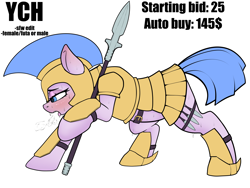 Size: 5000x3750 | Tagged: safe, artist:sketchy knight, derpibooru import, oc, earth pony, pony, advertisement, armor, belt, belt buckle, blushing, breath, chestplate, commission, exhausted, female, guard, guardsmare, heavy breathing, helmet, knife, mare, quadrupedal, royal guard, soldier, solo, solo female, spear, standing, sweat, sweating profusely, tired, weapon, your character here