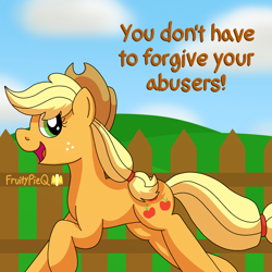 Size: 1000x1000 | Tagged: safe, artist:fruiitypieq, derpibooru import, applejack, earth pony, pony, g4, advice, applejack's hat, clothes, cowboy hat, female, fence, hat, mare, mouthpiece, solo